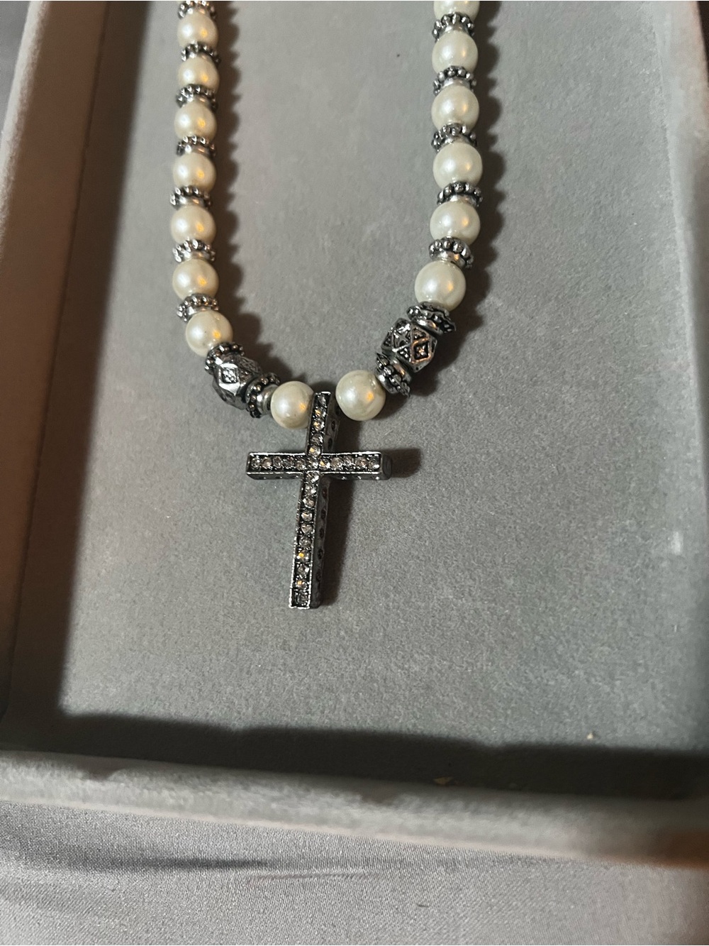 Pearl Bead Necklace with Black Crystal Cross Pendant (comes with pearl earrings)